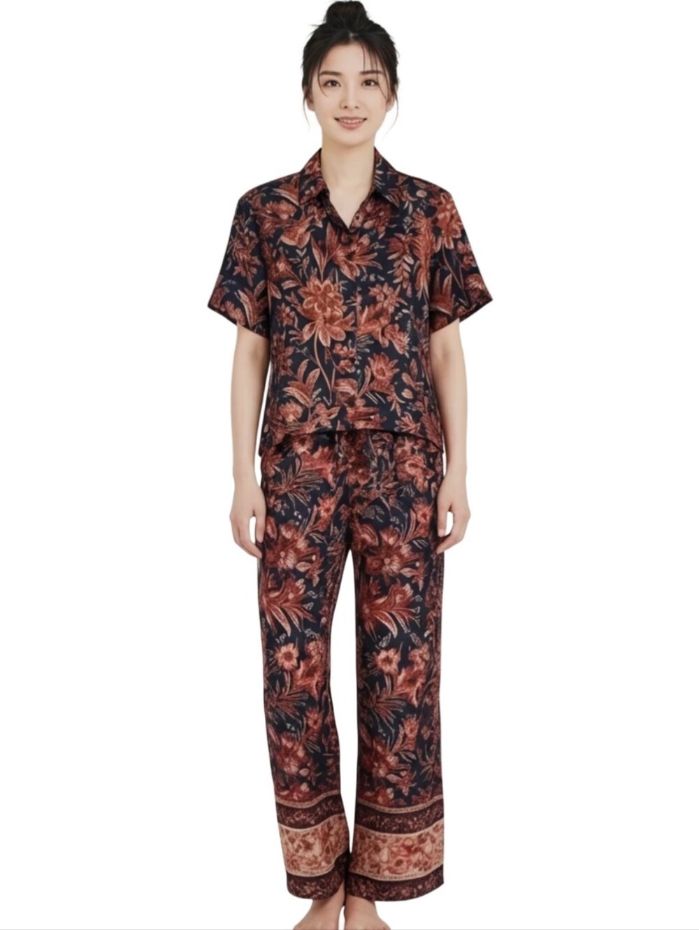 Elie Tahari Navy Floral Print‎ 2 Piece Set Short Sleeve Top Wide Leg Pants Boho